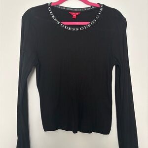 GUESS Black Long Sleeve Tee with Logo Neckline